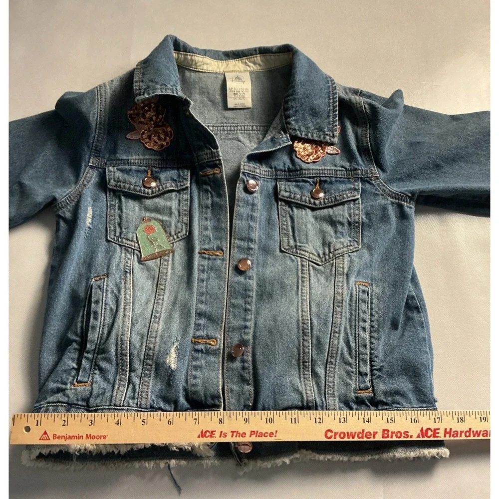 Disney Belle Beauty & The Beast Girls Distressed Denim Jacket 11-12 Sequins